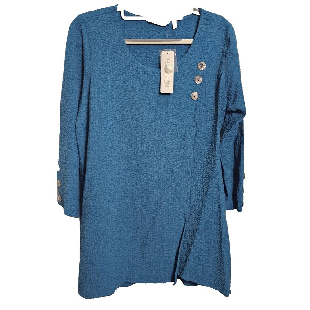 NEW Soft Surroundings Blouse S Blue Textured Button Trim Tunic Top 3/4 Sleeve